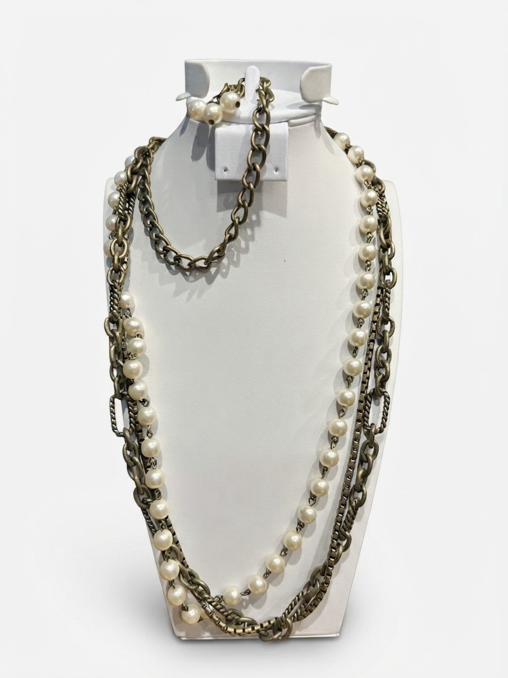 White House Black Market Faux Pearl and Antique Gold Multi-Strand Necklace
